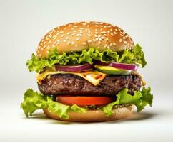 ai generado el imagen representa un delicioso hamburguesa zuecos arriba un blanco fondo, foto
