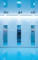 AI generated six metal doors in a white and blue building, photo