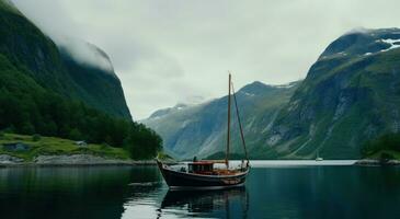 AI generated the boat is resting on the calm water beside a mountain, i photo