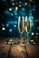 AI generated two glasses of champagne and confetti on wooden table photo