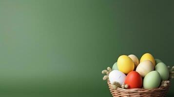 AI generated backet with easter colorful eggs, minimalist background, photo