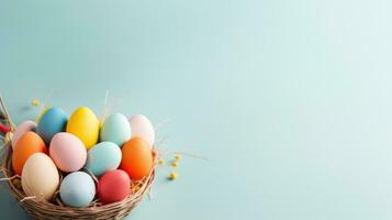 AI generated backet with easter colorful eggs, minimalist background, photo