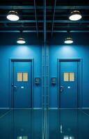 ai generado dos azul puertas en un azul decorado oficina, foto