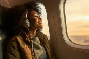 AI generated woman in earbuds looking out of an airplane window, photo