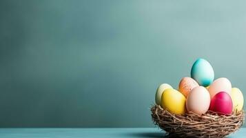 AI generated backet with easter colorful eggs, minimalist background, photo