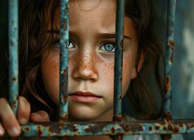 AI generated young girl staring through bars with sad look documentary, colorized photo