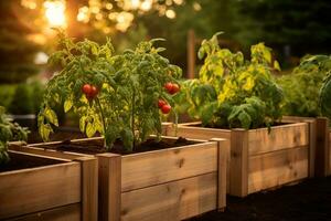 AI generated wooden raised garden boxes with tomato plants at sunset photo