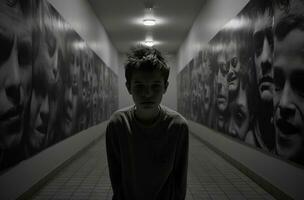 ai generado joven chico con su manos en su cara en un vacío pasillo foto
