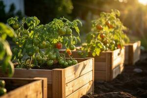 AI generated wooden raised garden boxes with tomato plants at sunset photo