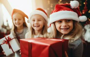 AI generated young kids with santa hats hold christmas gifts, photo