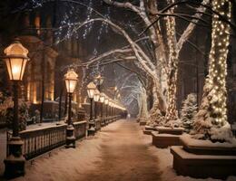 ai generado caminar a lo largo el camino decorado con nieve y luces, foto