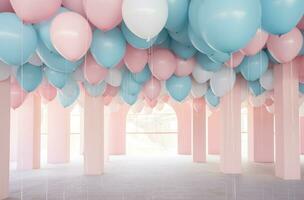 AI generated blue balloons are hanging from the ceiling of an open pink space, photo