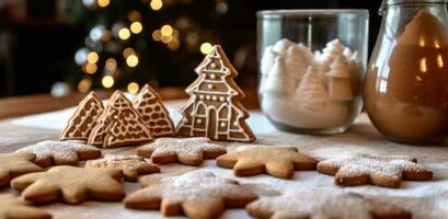 AI generated christmassugar cookie recipe gingerbread with cookie cutters, photo