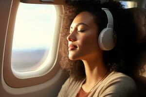 AI generated woman in earbuds looking out of an airplane window, photo