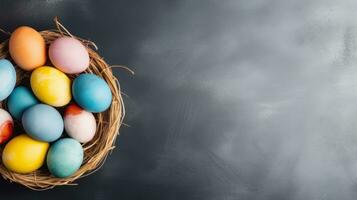 AI generated backet with easter colorful eggs, minimalist background, photo