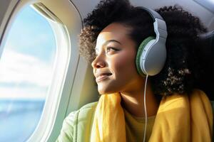 AI generated woman in earbuds looking out of an airplane window, photo