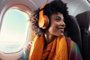 AI generated woman in earbuds looking out of an airplane window, photo