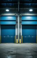 ai generado Tres azul garaje puertas son mostrado en el medio de el espacio, industrial diseño, foto