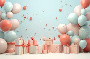 AI generated birthday scene with balloons and presents, photo