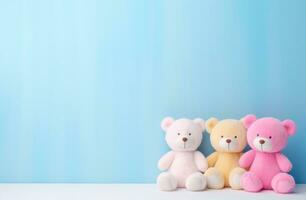 AI generated cute stuffed toys in a blue and pink room, photo