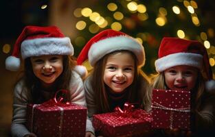 ai generado niños participación Navidad regalos en Papa Noel sombreros en el piso, foto