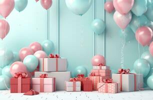 AI generated birthday scene with balloons and presents, photo