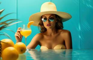 AI generated drinking the day's endup to the day woman in and straw hat eating banana, photo