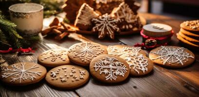 ai generado galletas en un mesa con palabra fiesta y palabras ese leer Navidad galletas, foto