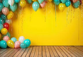 AI generated colorful backdrop with party supplies, photo