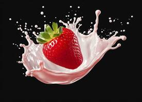 AI generated milk or yogurt splash with strawberries isolated on white background, 3d rendering. AI Generated photo