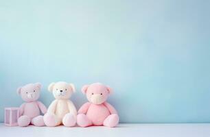 AI generated cute stuffed toys in a blue and pink room, photo