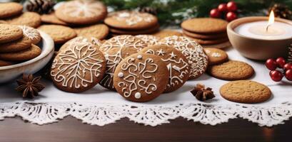 ai generado galletas en un mesa con palabra fiesta y palabras ese leer Navidad galletas, foto