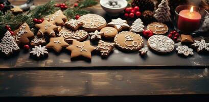 ai generado galletas en un mesa con palabra fiesta y palabras ese leer Navidad galletas, foto