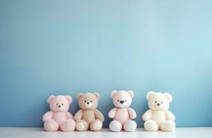 AI generated cute stuffed toys in a blue and pink room, photo