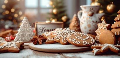 ai generado galletas en un mesa con palabra fiesta y palabras ese leer Navidad galletas, foto