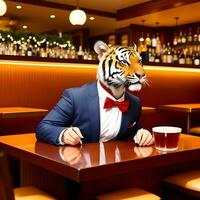 AI generated Tiger dressed in a festive holiday suit , sitting at a table in a bar. Anthropomorphic animals. Generative AI. photo