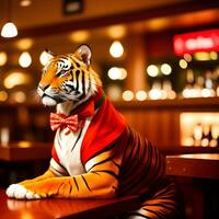 ai generado Tigre vestido en un festivo fiesta traje , sentado a un mesa en un bar. antropomórfico animales generativo ai. foto