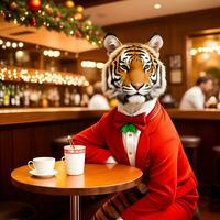 AI generated Tiger dressed in a festive holiday suit , sitting at a table in a bar. Anthropomorphic animals. Generative AI. photo