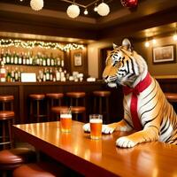 AI generated Tiger dressed in a festive holiday suit , sitting at a table in a bar. Anthropomorphic animals. Generative AI. photo