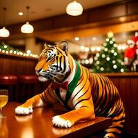 AI generated Tiger dressed in a festive holiday suit , sitting at a table in a bar. Anthropomorphic animals. Generative AI. photo