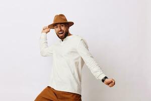 Person casual men gesture hat white background model portrait studio attractive young caucasian photo