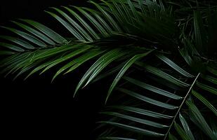 AI generated green palm leaves on a black background, photo