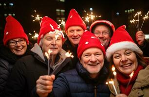 AI generated group of people hold sparklers for new year celebrations together, photo