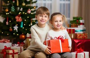 ai generado niños con regalos en un Navidad temática habitación foto