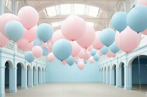 ai generado azul globos son colgando desde el techo de un abierto rosado espacio, foto