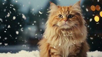 ai generado un gato es vistiendo un Papa Noel sombrero en un Nevado invierno foto