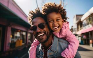 AI generated a black man lifts a young boy off his shoulders with his white shirt photo