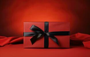 AI generated a black gift box with a ribbon is laying on a red background photo