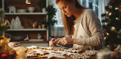 AI generated lady decorating christmas cookies for her family, photo