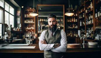 AI generated man with beard behind the counter at barber shop photo